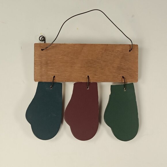 "Warm Winter Wishes" 3 Mittens Wire Hanger Wooden Painted Christmas Ornament - Picture 2 of 3